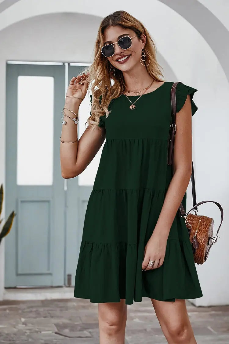 Summer Sleeveless Ruffle Sleeve Flowy Pleated Dress PRETTYGARDEN