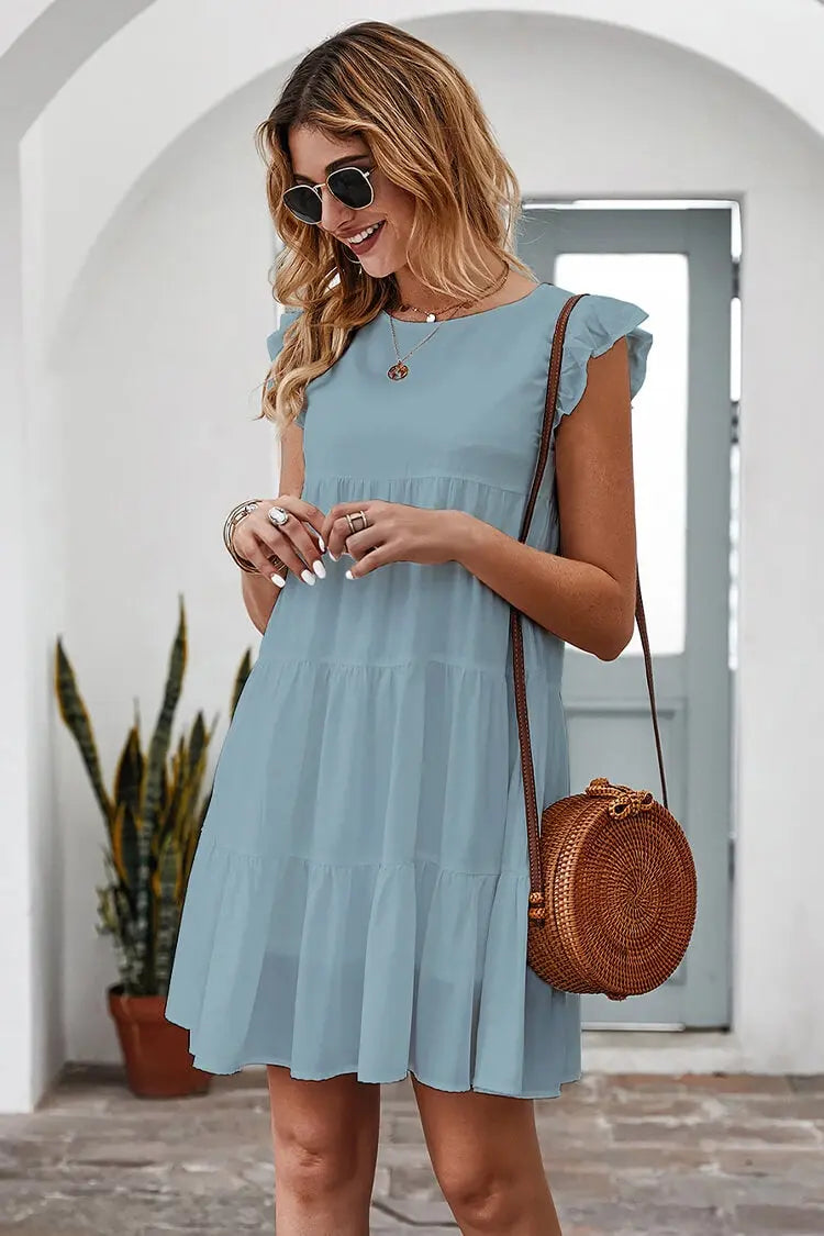 Summer Sleeveless Ruffle Sleeve Flowy Pleated Dress PRETTYGARDEN