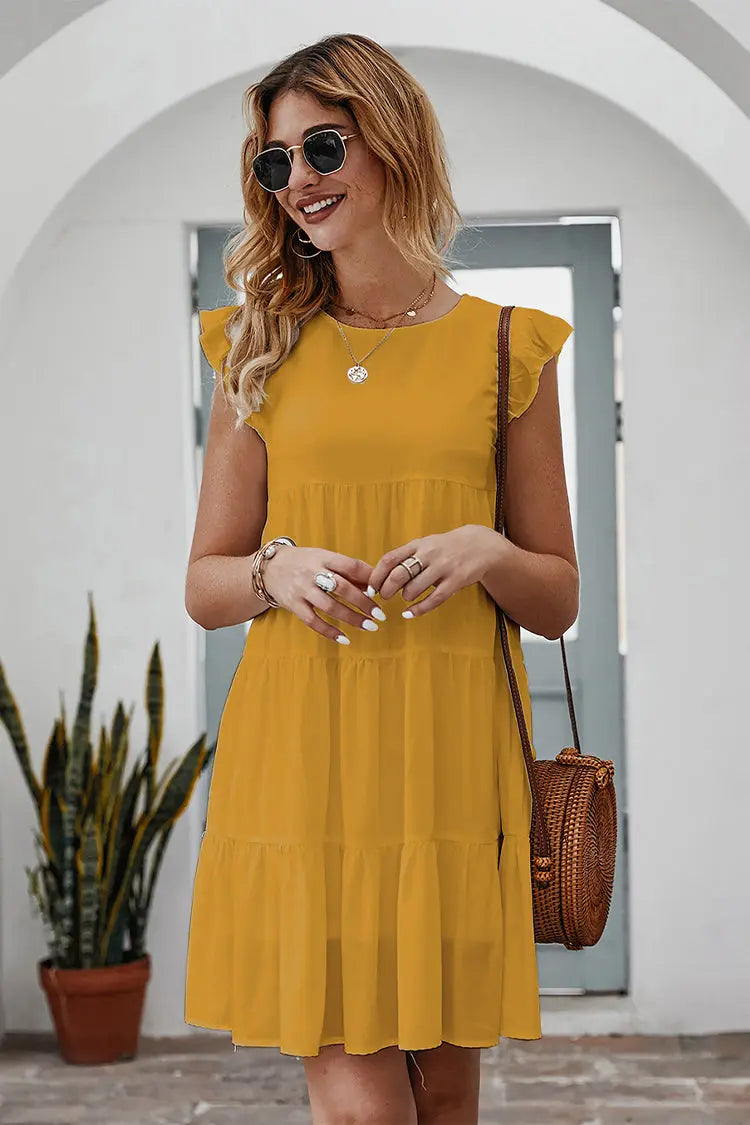 Summer Sleeveless Ruffle Sleeve Flowy Pleated Dress PRETTYGARDEN