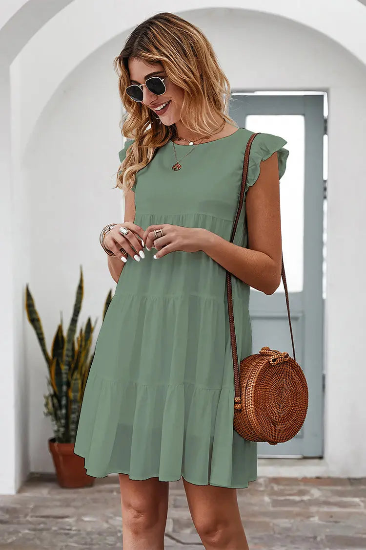 Summer Sleeveless Ruffle Sleeve Flowy Pleated Dress PRETTYGARDEN