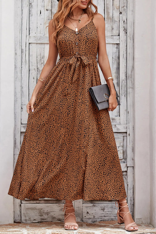 Summer Spaghetti Strap Leopard Split Long Dress PRETTYGARDEN