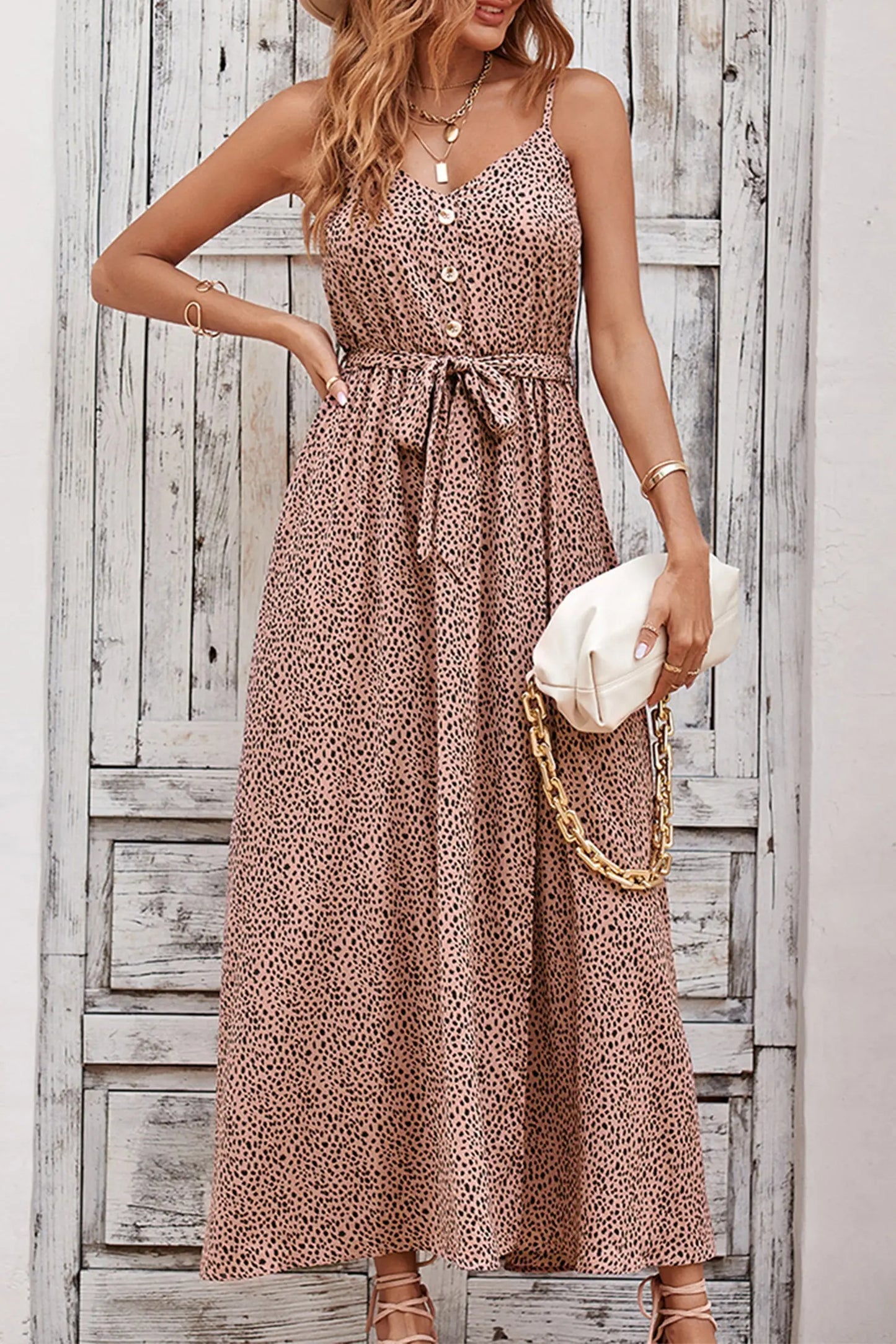 Summer Spaghetti Strap Leopard Split Long Dress PRETTYGARDEN