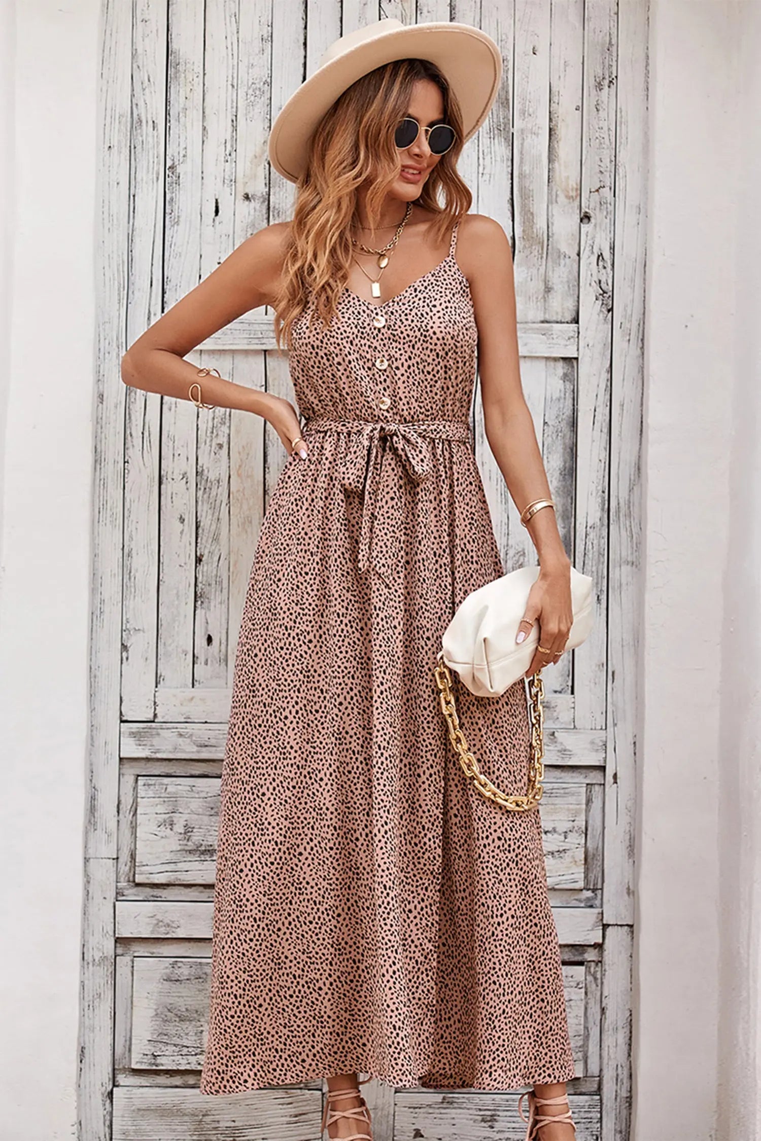 Summer Spaghetti Strap Leopard Split Long Dress PRETTYGARDEN