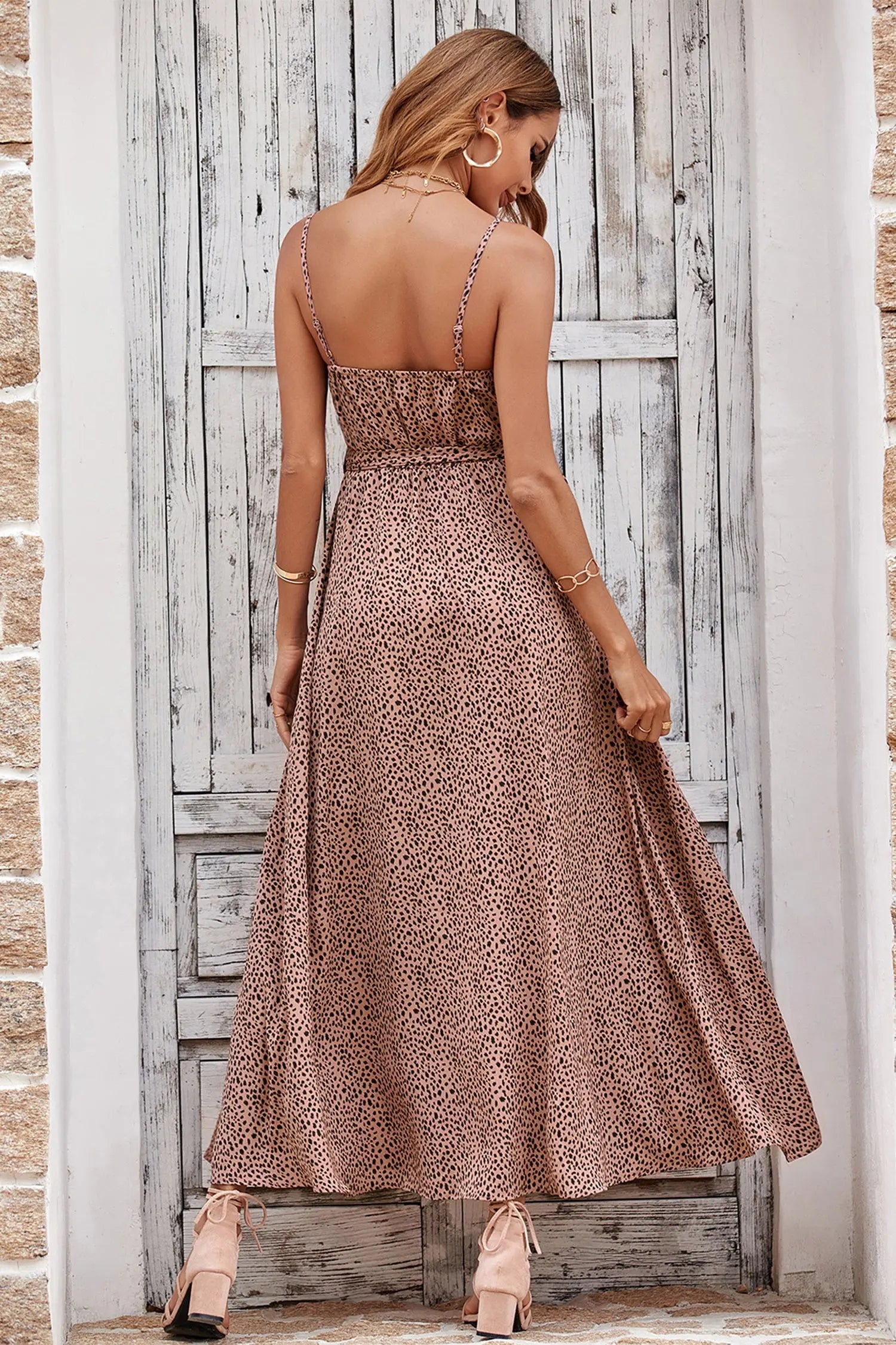 Summer Spaghetti Strap Leopard Split Long Dress PRETTYGARDEN