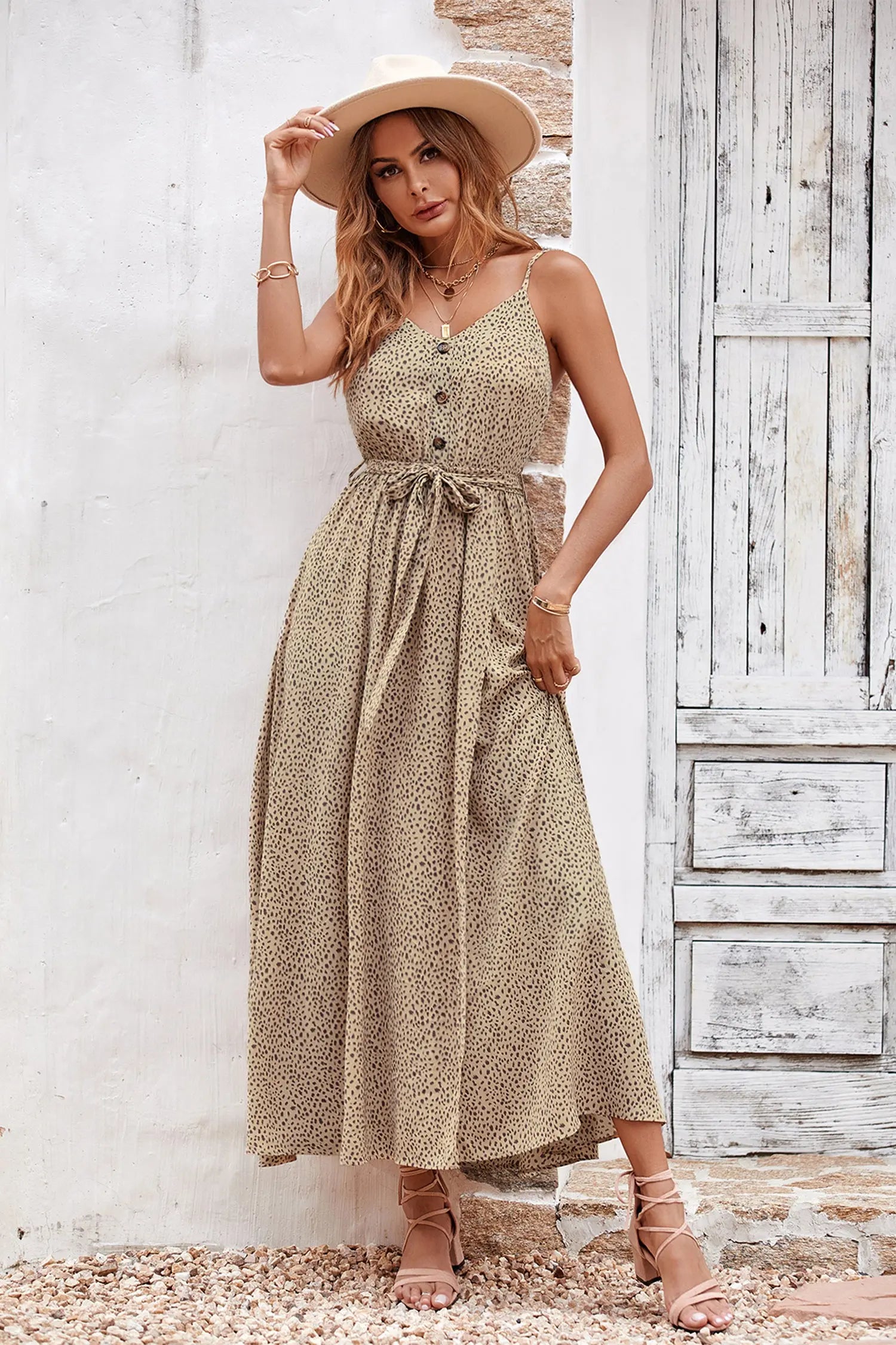 Summer Spaghetti Strap Leopard Split Long Dress PRETTYGARDEN