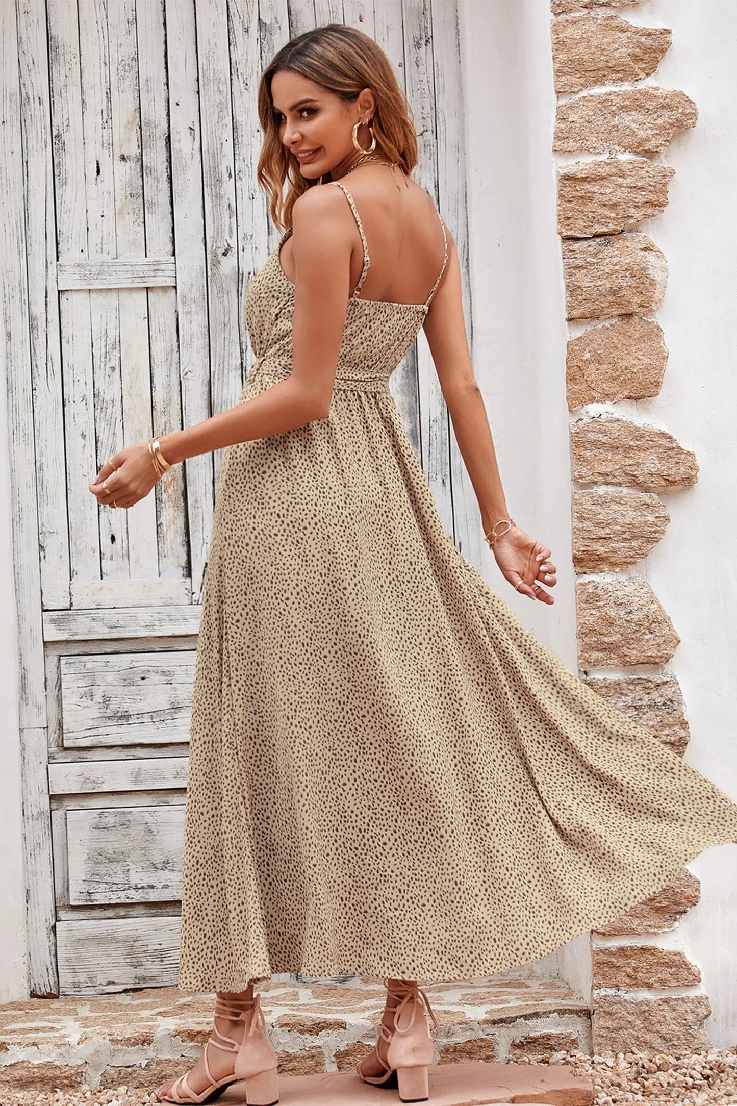 Summer Spaghetti Strap Leopard Split Long Dress PRETTYGARDEN