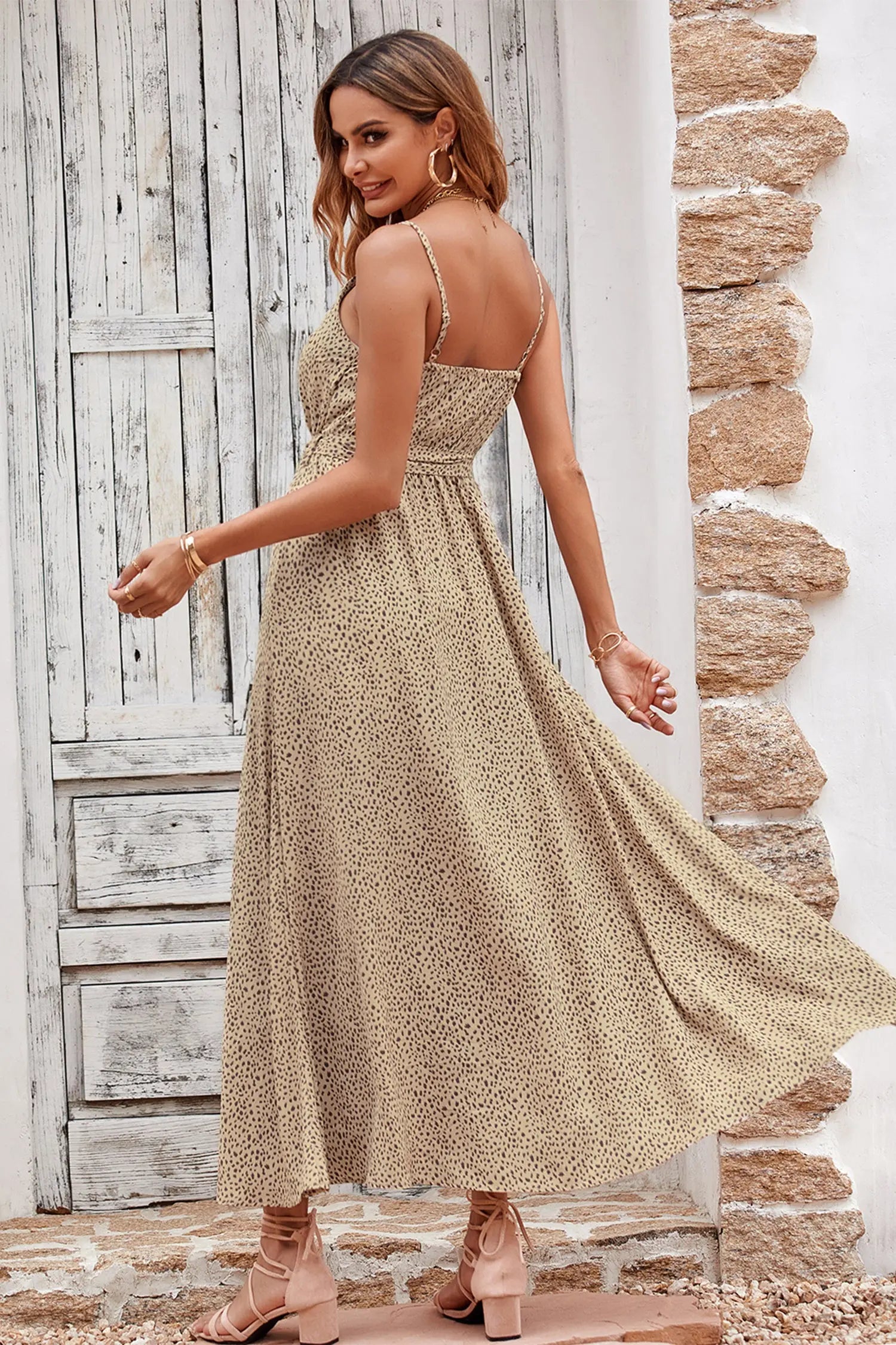 Summer Spaghetti Strap Leopard Split Long Dress PRETTYGARDEN