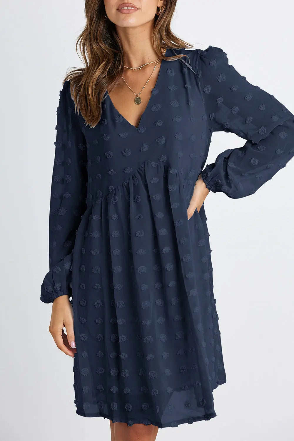 Swiss Dot Long Sleeve Wrap Mini Dress PRETTYGARDEN