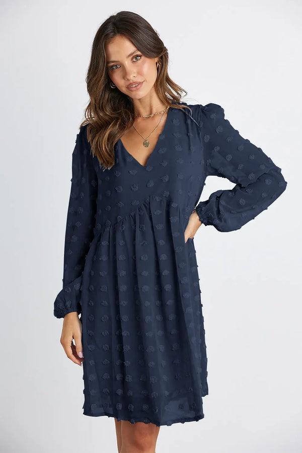 Swiss Dot Long Sleeve Wrap Mini Dress PRETTYGARDEN