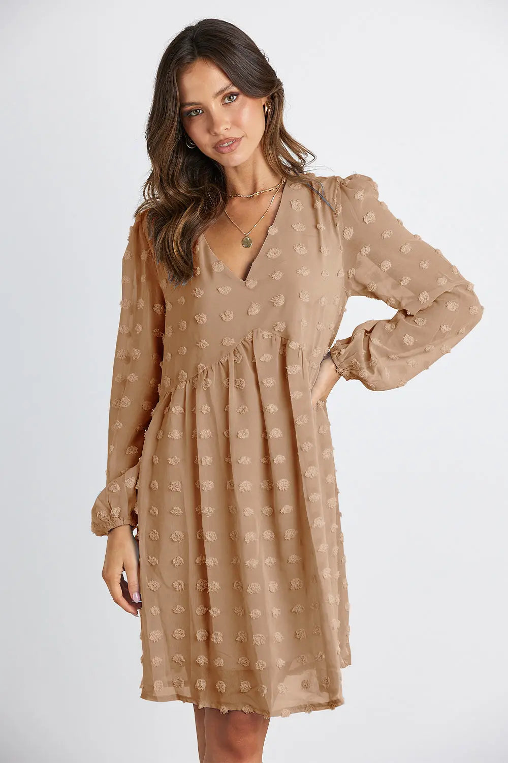 Swiss Dot Long Sleeve Wrap Mini Dress PRETTYGARDEN