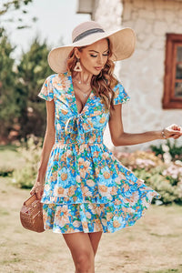 Tie Front V Neck Short Sleeve Ruffle Layer A-Line Short Dress PRETTYGARDEN