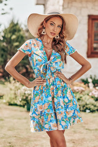 Tie Front V Neck Short Sleeve Ruffle Layer A-Line Short Dress PRETTYGARDEN