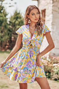 Tie Front V Neck Short Sleeve Ruffle Layer A-Line Short Dress PRETTYGARDEN