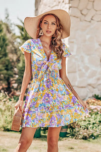 Tie Front V Neck Short Sleeve Ruffle Layer A-Line Short Dress PRETTYGARDEN