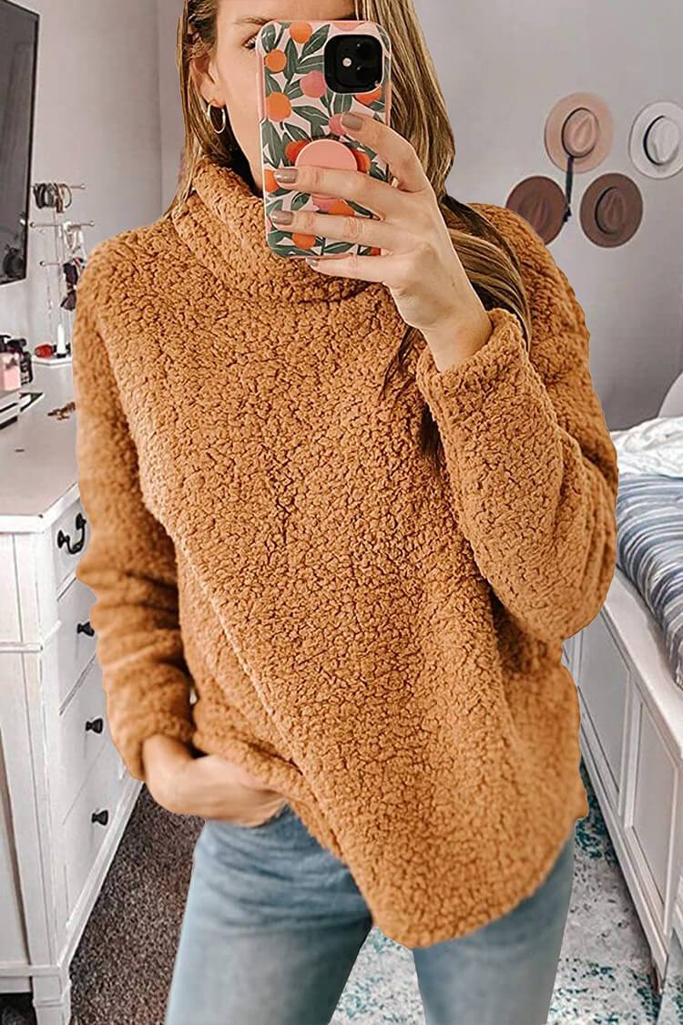 Turtleneck Fuzzy Fleece Warm Outwear Sweatshirts Pullover Sweater PRETTYGARDEN