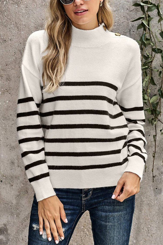 Turtleneck Knitted Stripe Button Down Sweater PRETTYGARDEN