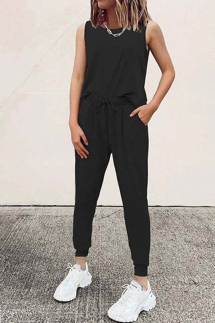 Two Piece Outfit Sleeveless Crewneck Tops With Sweatpants Active Tracksuit PRETTYGARDEN