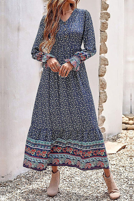 V Neck Casual Button Down Boho Floral Print Fall Maxi Dress PRETTYGARDEN