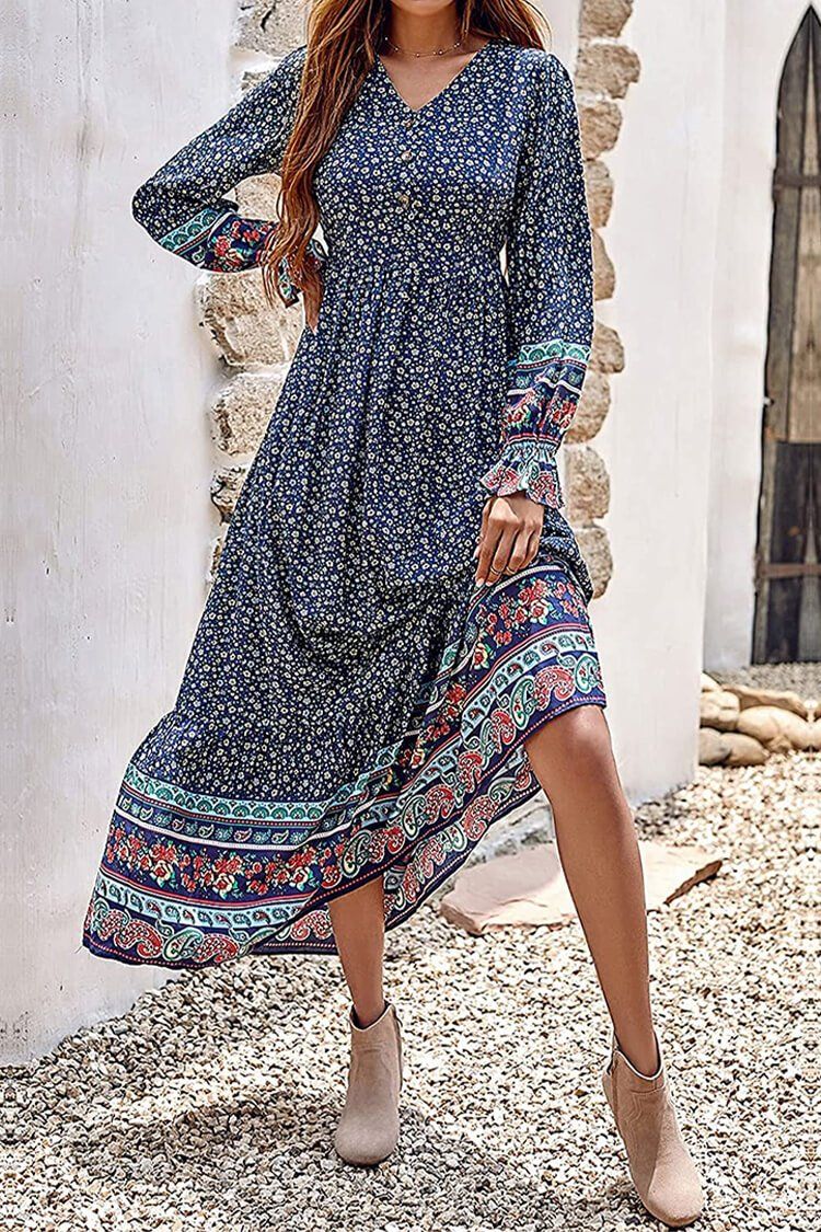 V Neck Casual Button Down Boho Floral Print Fall Maxi Dress PRETTYGARDEN