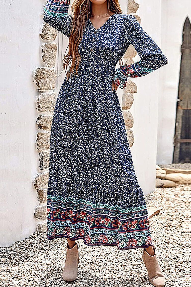 V Neck Casual Button Down Boho Floral Print Fall Maxi Dress PRETTYGARDEN