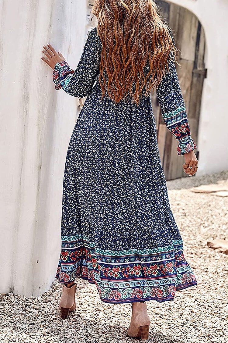 V Neck Casual Button Down Boho Floral Print Fall Maxi Dress PRETTYGARDEN