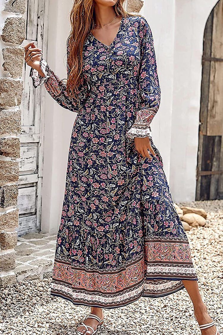 V Neck Casual Button Down Boho Floral Print Fall Maxi Dress PRETTYGARDEN