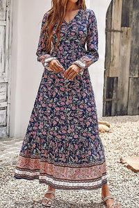 V Neck Casual Button Down Boho Floral Print Fall Maxi Dress PRETTYGARDEN