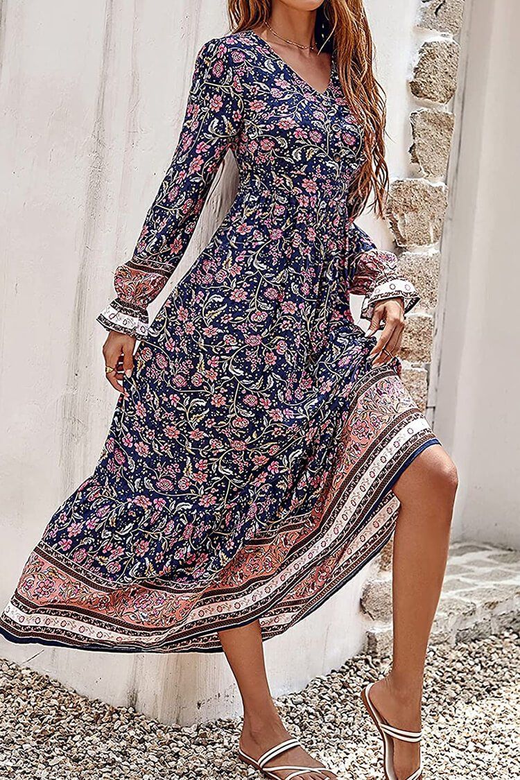 V Neck Casual Button Down Boho Floral Print Fall Maxi Dress PRETTYGARDEN