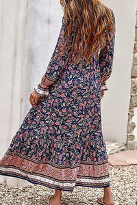 V Neck Casual Button Down Boho Floral Print Fall Maxi Dress PRETTYGARDEN