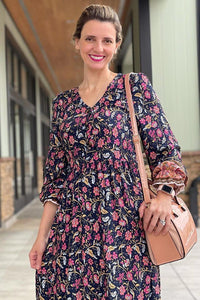 V Neck Casual Button Down Boho Floral Print Fall Maxi Dress PRETTYGARDEN