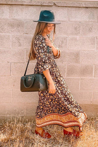 V Neck Casual Button Down Boho Floral Print Fall Maxi Dress PRETTYGARDEN