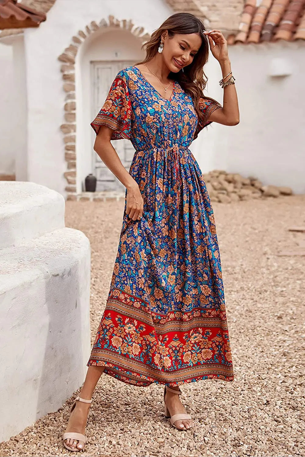 V Neck Floral Print Summer Boho High Waist Long Dresses PRETTYGARDEN