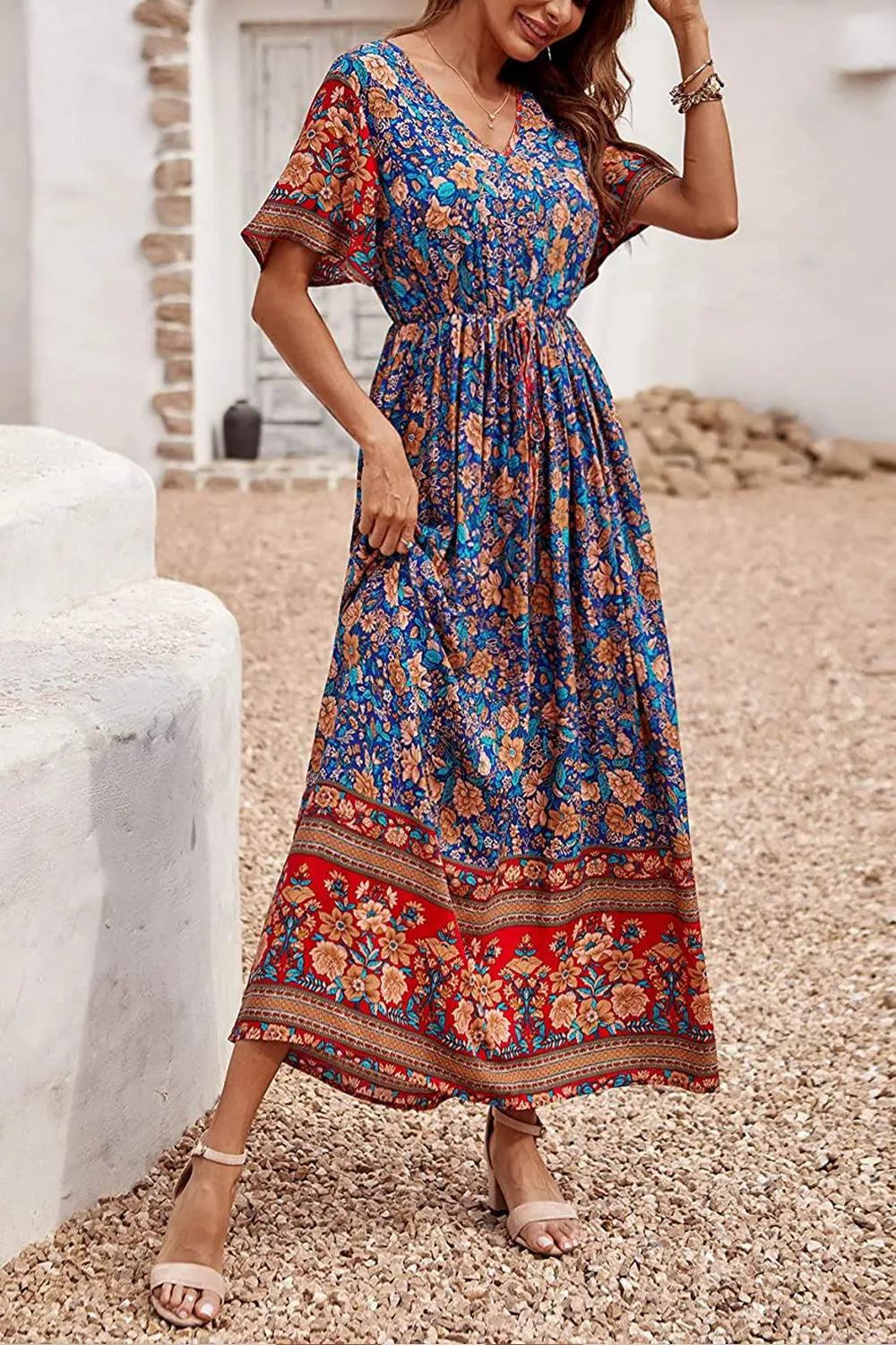 Large, Blue Floral) - PRETTYGARDEN Women's Casual Floral Print V Neck Short  Sleeve Summer Boho Beach Dress High Waist Long Maxi Dresses