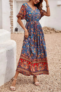 V Neck Floral Print Summer Boho High Waist Long Dresses PRETTYGARDEN