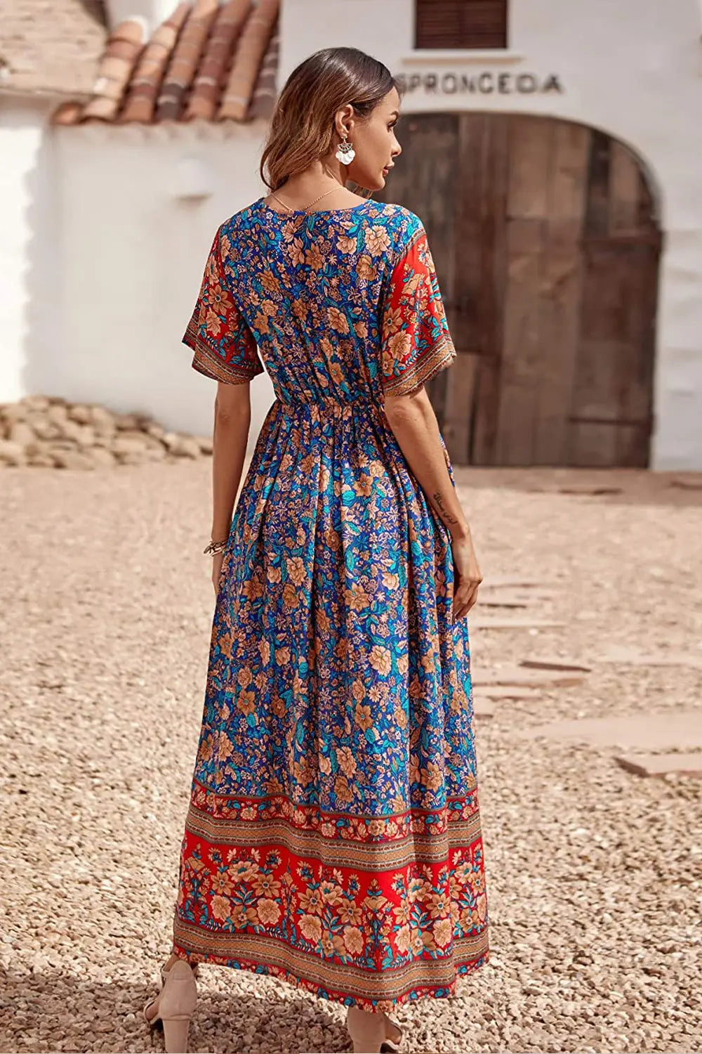 V Neck Floral Print Summer Boho High Waist Long Dresses PRETTYGARDEN