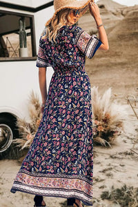 V Neck Floral Print Summer Boho High Waist Long Dresses PRETTYGARDEN