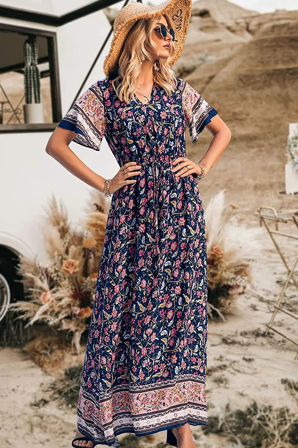 V Neck Floral Print Summer Boho High Waist Long Dresses PRETTYGARDEN