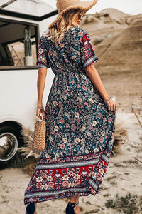 V Neck Floral Print Summer Boho High Waist Long Dresses PRETTYGARDEN