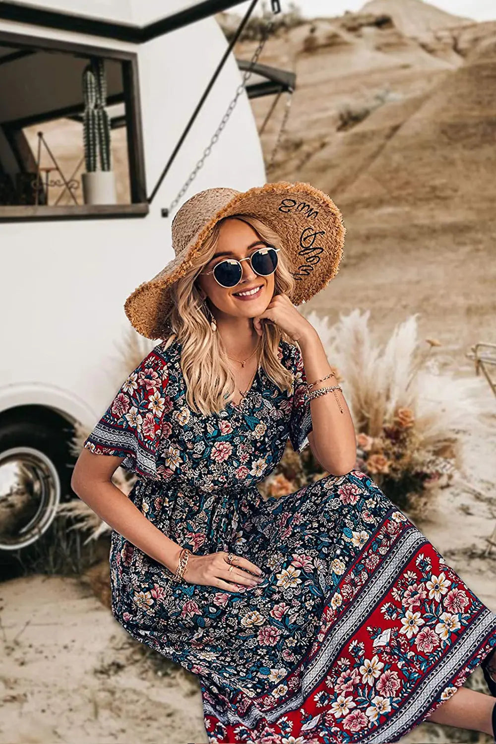 V Neck Floral Print Summer Boho High Waist Long Dresses PRETTYGARDEN