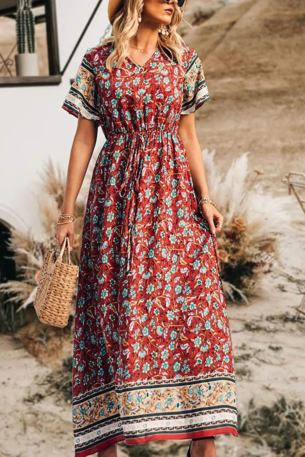 V Neck Floral Print Summer Boho High Waist Long Dresses PRETTYGARDEN