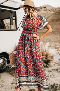 V Neck Floral Print Summer Boho High Waist Long Dresses PRETTYGARDEN