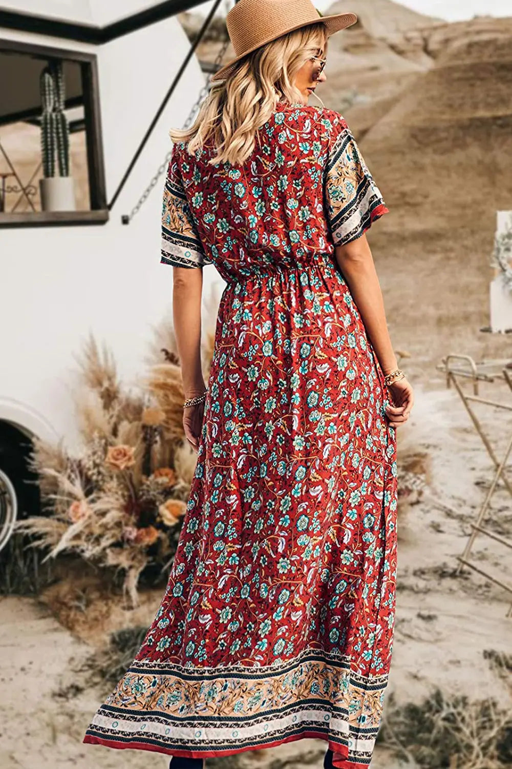 V Neck Floral Print Summer Boho High Waist Long Dresses PRETTYGARDEN