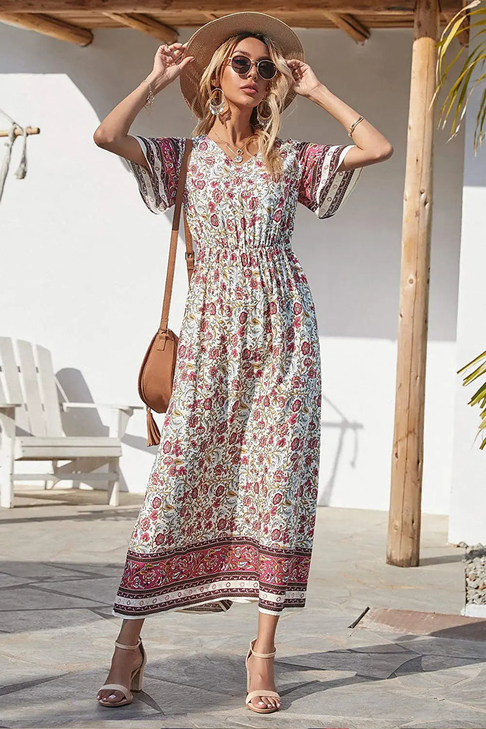 V Neck Floral Print Summer Boho High Waist Long Dresses PRETTYGARDEN