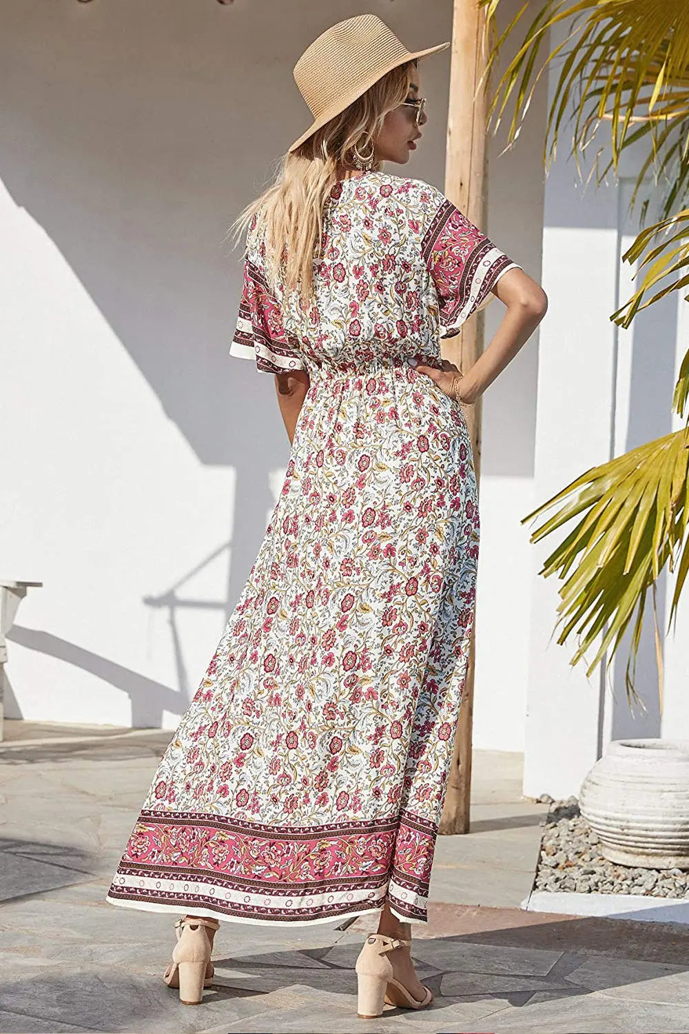 V Neck Floral Print Summer Boho High Waist Long Dresses PRETTYGARDEN