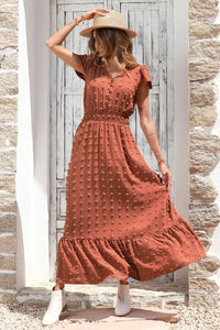 V Neck Swiss Dot Ruffle Tiered Smocked Cocktail Maxi Dress PRETTYGARDEN