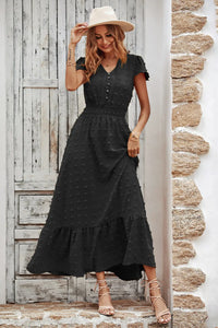 V Neck Swiss Dot Ruffle Tiered Smocked Cocktail Maxi Dress PRETTYGARDEN