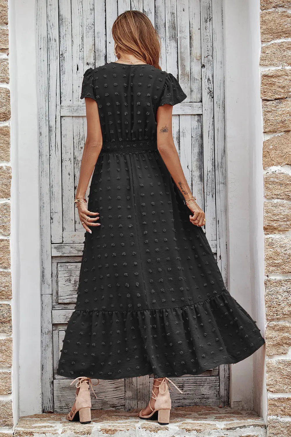 V Neck Swiss Dot Ruffle Tiered Smocked Cocktail Maxi Dress PRETTYGARDEN