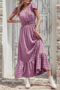 V Neck Swiss Dot Ruffle Tiered Smocked Cocktail Maxi Dress PRETTYGARDEN