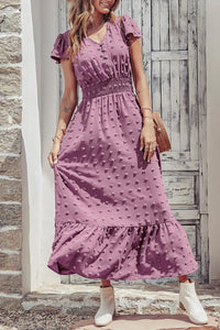 V Neck Swiss Dot Ruffle Tiered Smocked Cocktail Maxi Dress PRETTYGARDEN