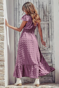 V Neck Swiss Dot Ruffle Tiered Smocked Cocktail Maxi Dress PRETTYGARDEN